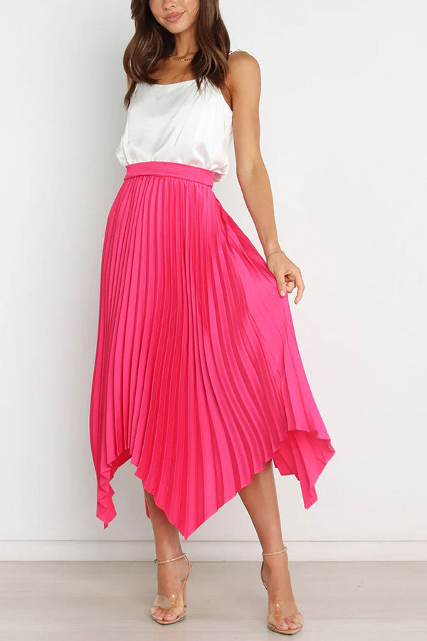 Yris Satin Pleated Elastic Waist Asymmetrical Hemline Midi Skirt