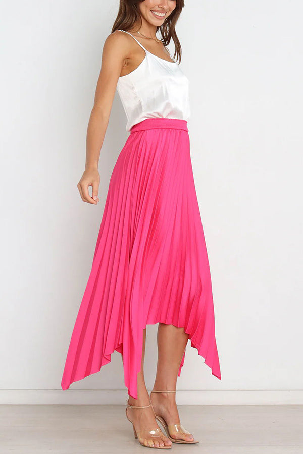 Yris Satin Pleated Elastic Waist Asymmetrical Hemline Midi Skirt