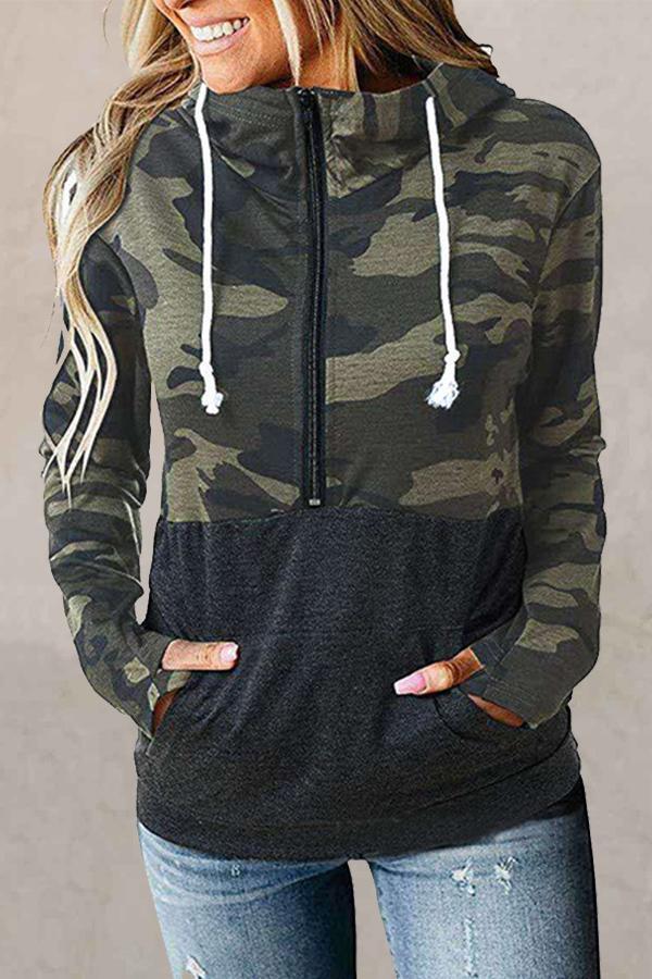 Patchwork Mandarin Collar Hooded Sweatshirt