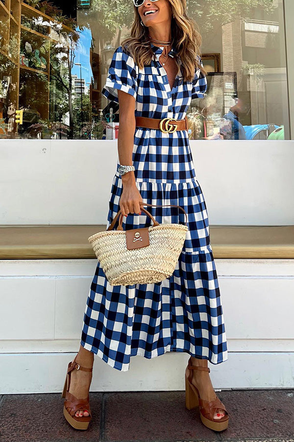 Blue Plaid V-Neck All-Match Slim Dress