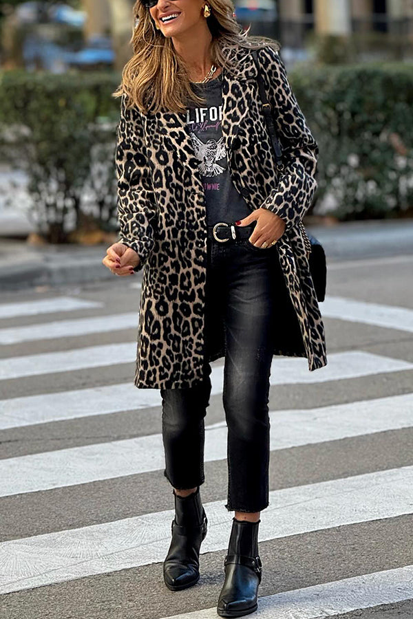 Leopard print lapel long stylish coat