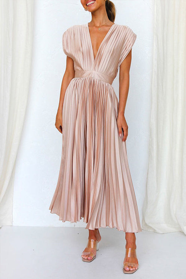 Deep V Neck Waisted Maxi Pleated Swing Dress