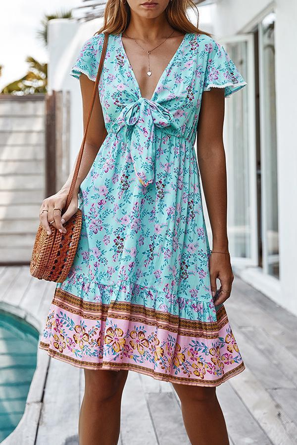 Bohemian V-neck Knotted Floral Dress