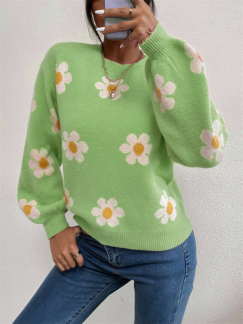 Floral Round Neck Jacquard Knitted Sweater Women's Top