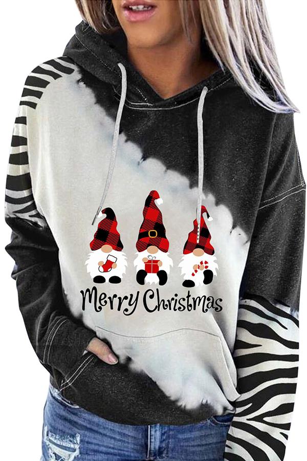 Santa Claus Print Color Block Hoodie  （Black）