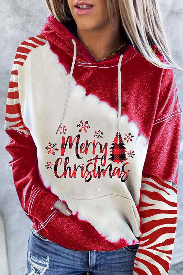 Santa Claus Print Color Block Hoodie  （Red）