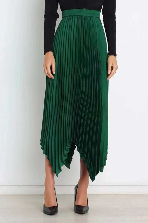 Yris Satin Pleated Elastic Waist Asymmetrical Hemline Midi Skirt