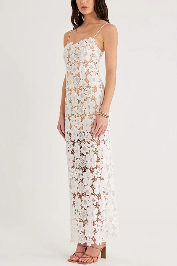 Feel Luxurious and Beautiful Crochet Flower Lace Maxi Dress