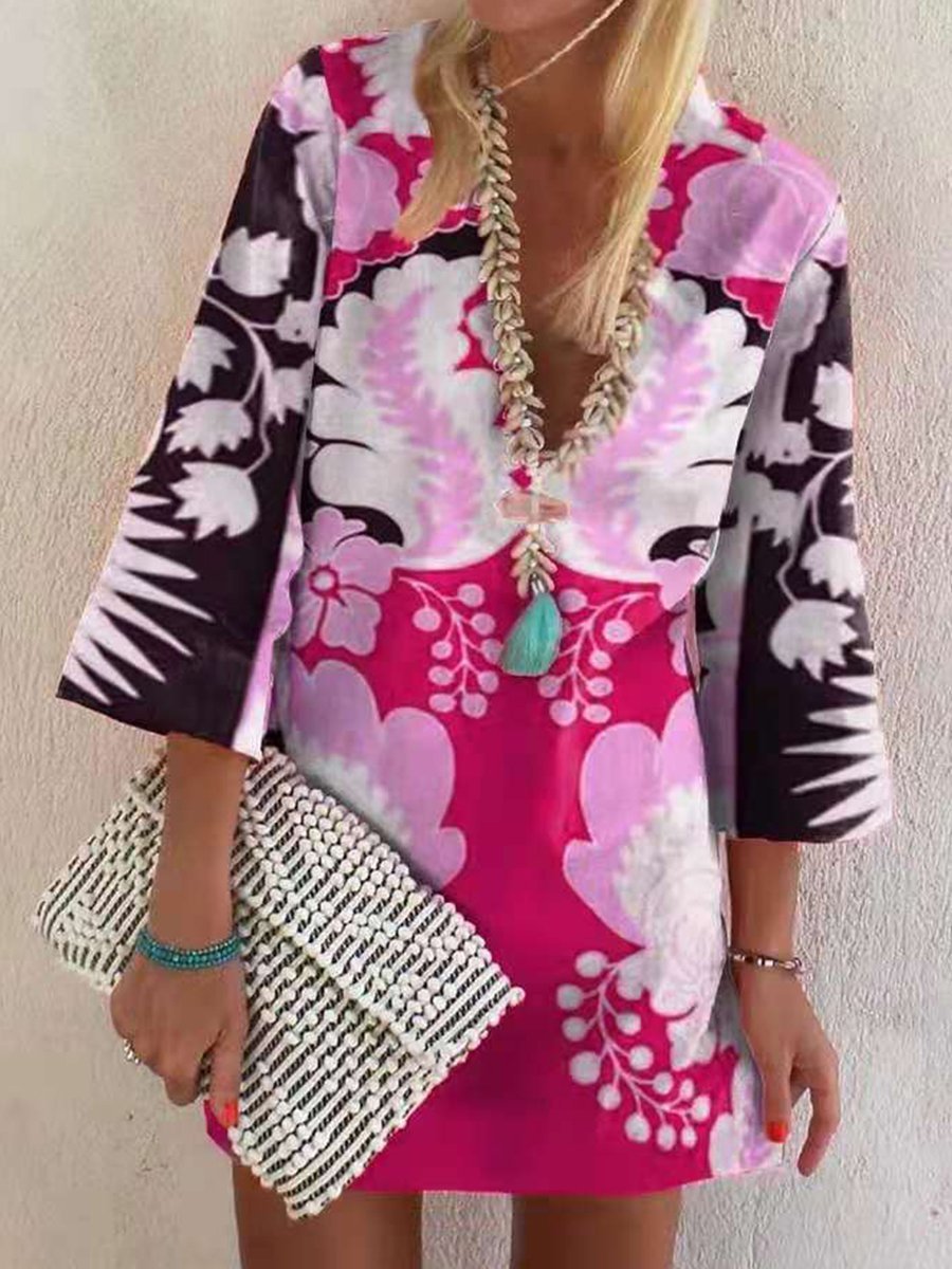 V-neck Long Sleeve Boho Print Mini Dress