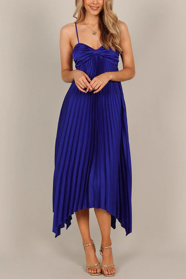 Kali Metallic Satin Asymmetrical Hemline Pleated A-line Midi Dress