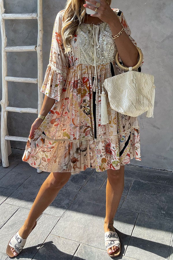 PRINTED SEQUIN SEVEN-PART SLEEVE DRESS