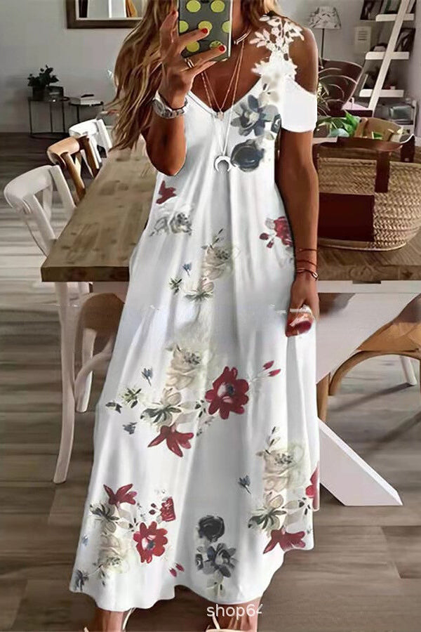 Viana Contrast Lace Printed Cold Sleeve Straight Maxi Dress