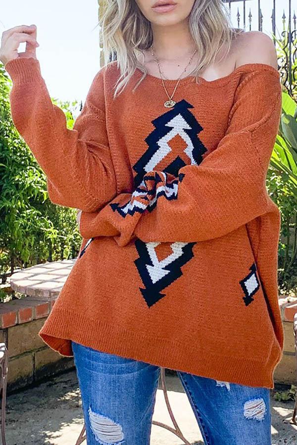 Round Neck Ethnic Pattern Cashmere Sweater