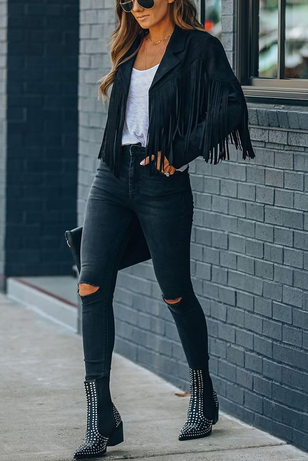 Cropped Fringe Faux Suede Jacket