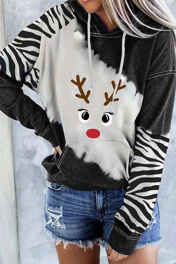 Santa Claus Print Color Block Hoodie  （Black）