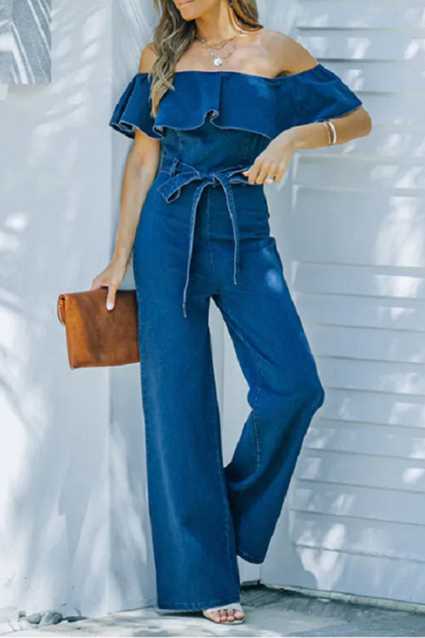 Fashion Solid Denim Faux One Shoulder Ruffle Jumpsuit