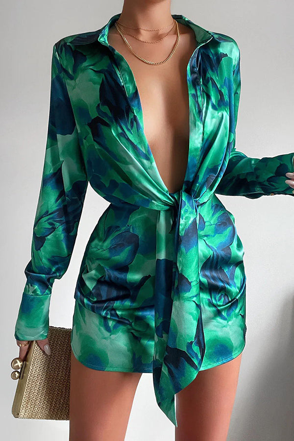 Marina Satin Plant Printed Center Front Tie Up Shirt Mini Dress