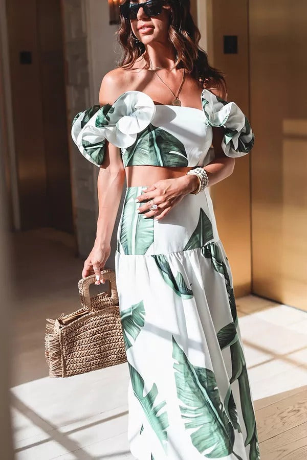 The Alessia Palm Ruffle Crop Top Maxi Skirt Suits