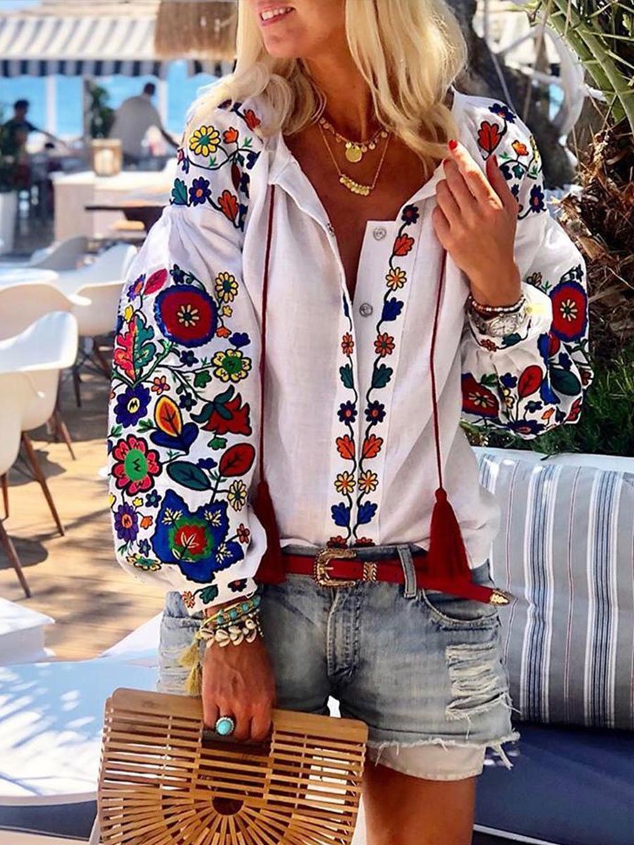 Women's Shirts Floral Embroidery Long Sleeve V Neck Daily Boho Shirt