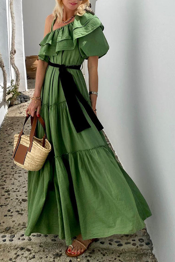 One Shoulder Puff Sleeve Solid Color Swing Maxi Dress