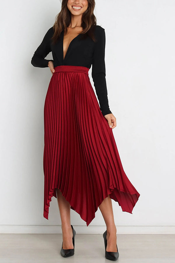 Yris Satin Pleated Elastic Waist Asymmetrical Hemline Midi Skirt