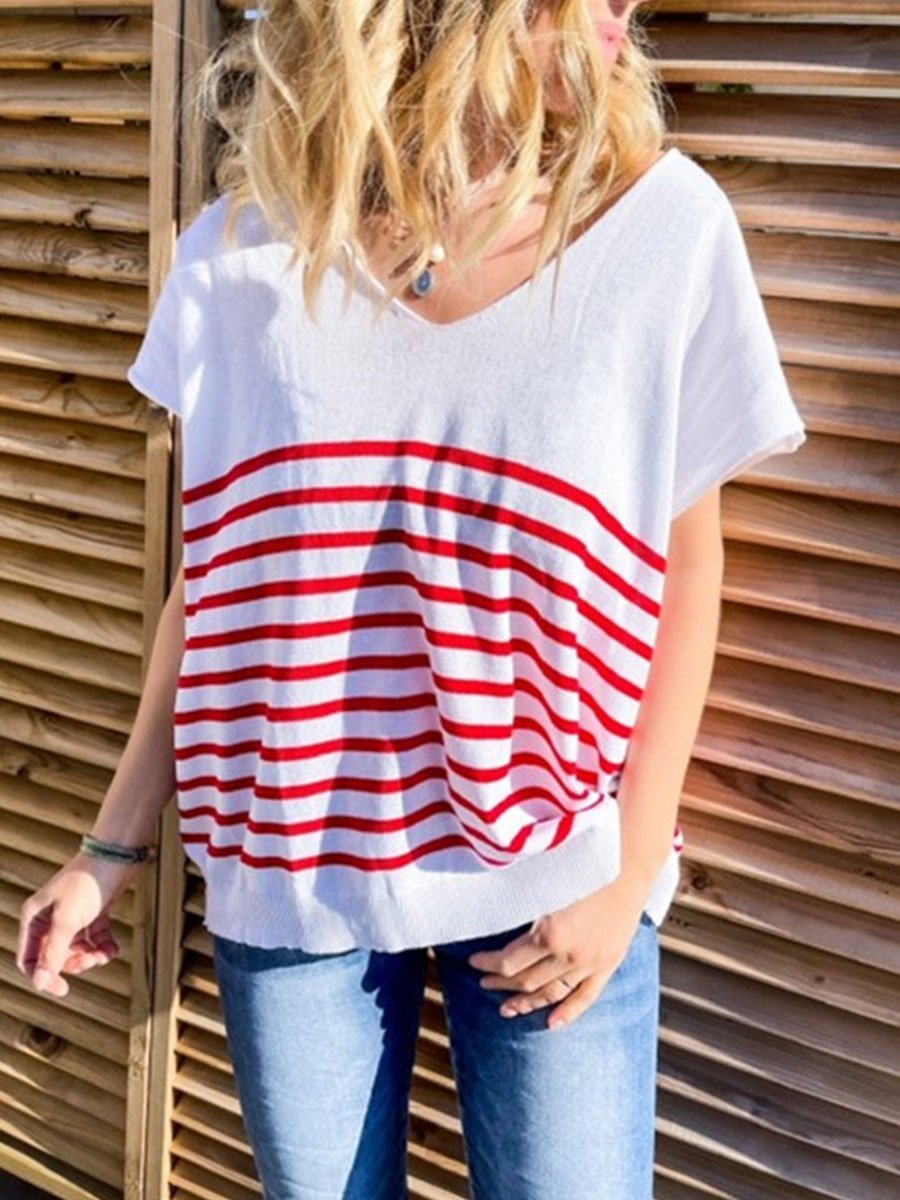 V-neck Striped Loose T-shirt