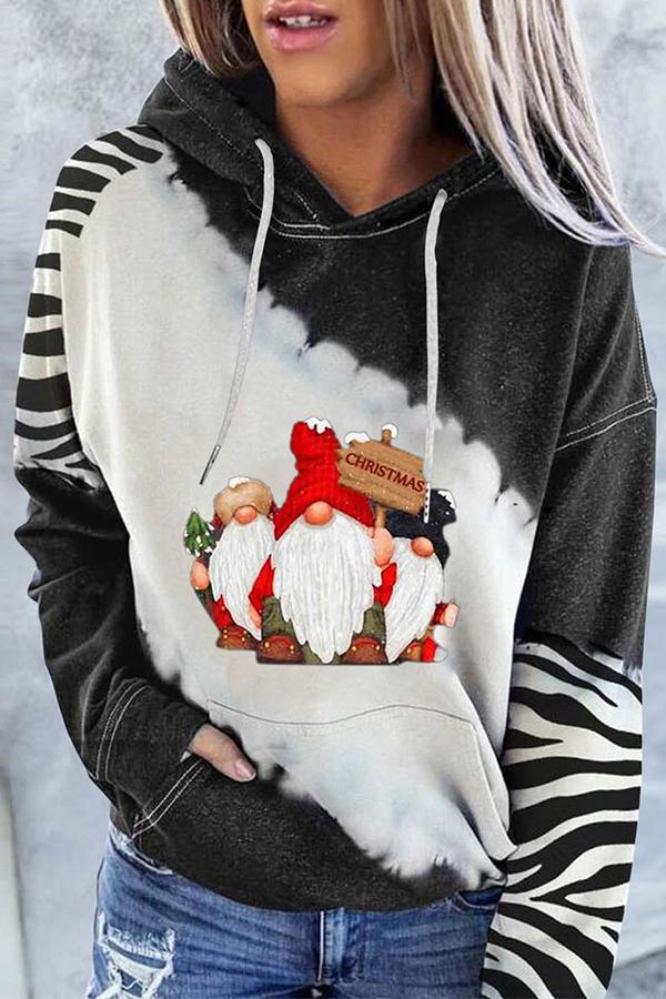 Santa Claus Print Color Block Hoodie  （Black）