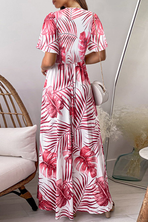 Short Sleeve Slit Print Maxi Dress