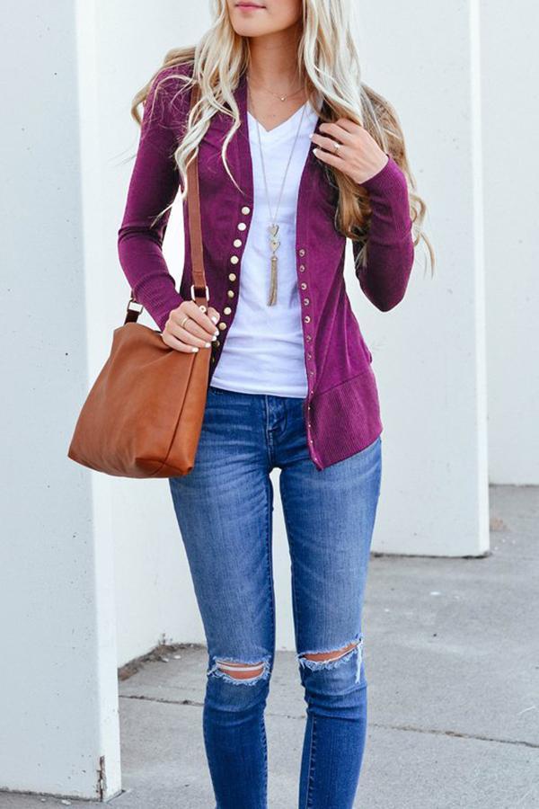 Solid Color V-neck Long Sleeve Cardigan (4 Colors)