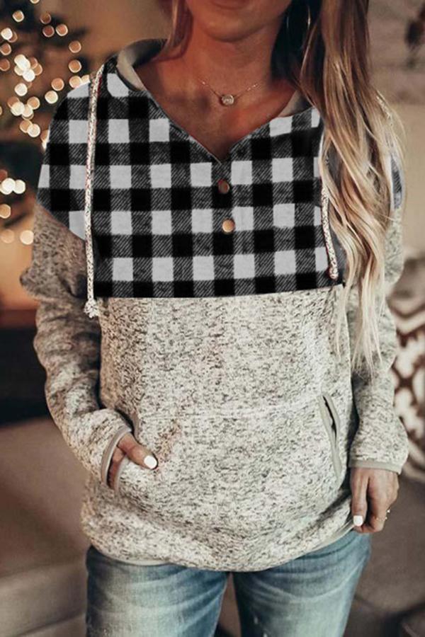 Pocket Lapel Plaid Patchwork Sweatshirt