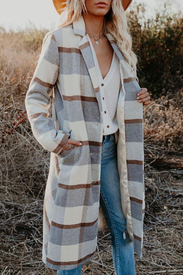 Pocketed Plaid Coat