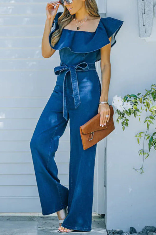 Fashion Solid Denim Faux One Shoulder Ruffle Jumpsuit