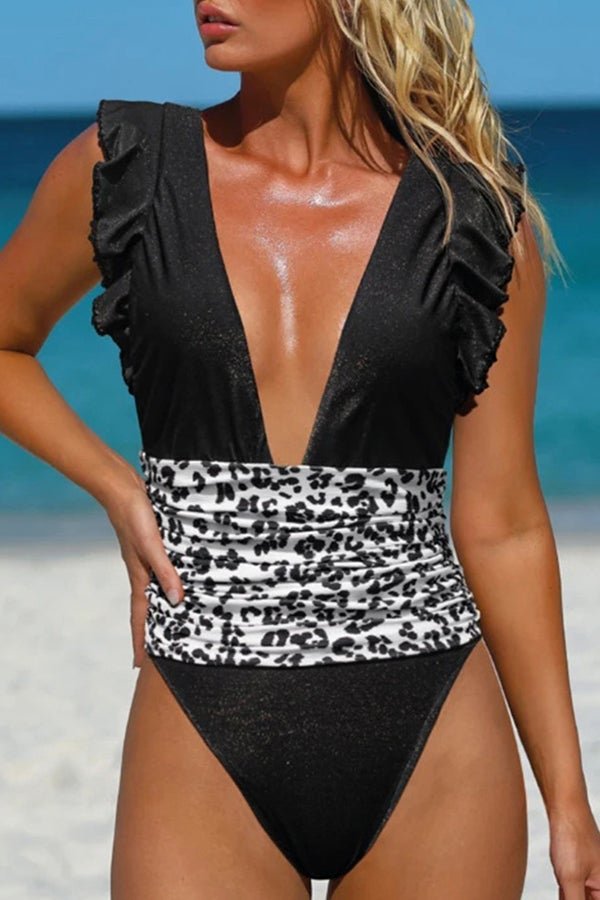 Deep V Open Back Ruffled One-piece Swimsuit