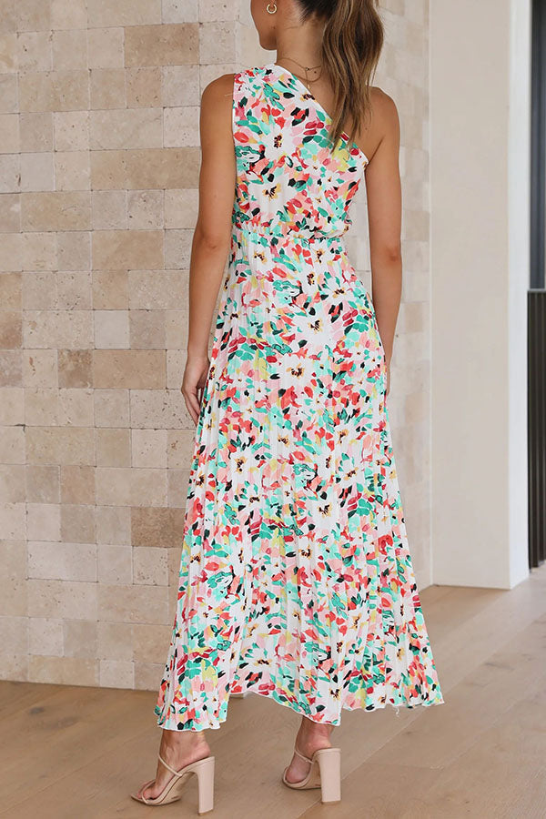 Saw An Angel Floral One Shoulder Elastic Waist Pleated Maxi Dress