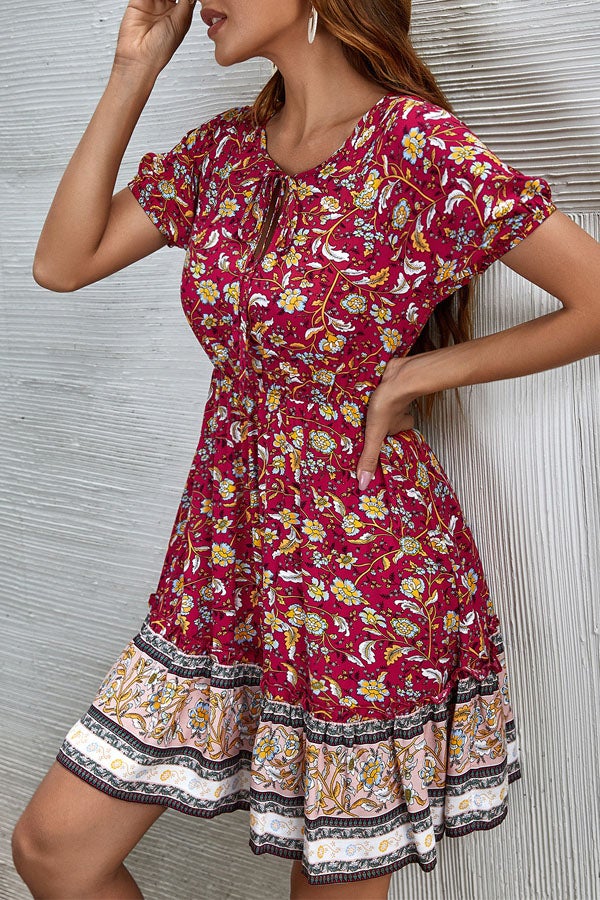 Bohemian Casual V-Neck Tie Vacation Dress