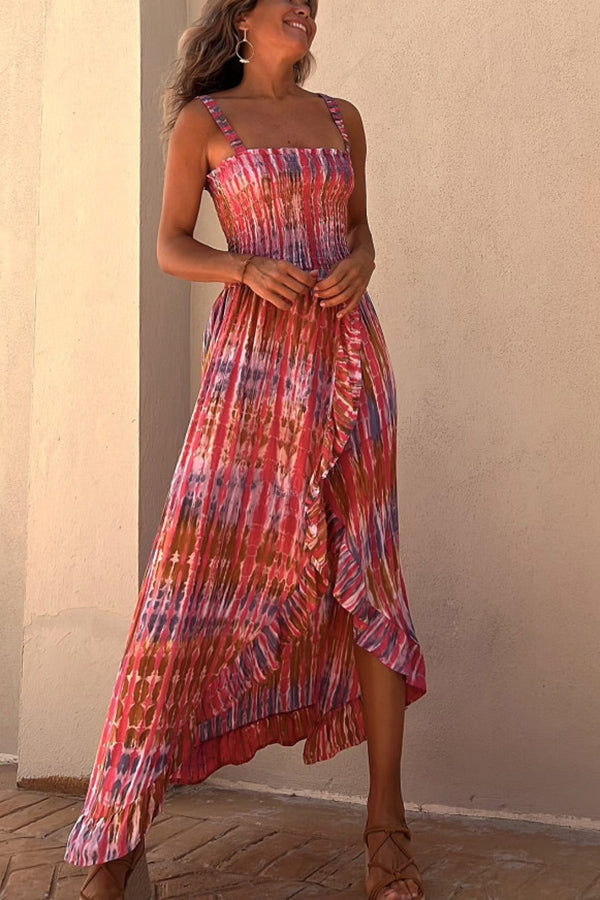 Liliana Tie-dye Print Smocked Ruffle Slit Maxi Dress