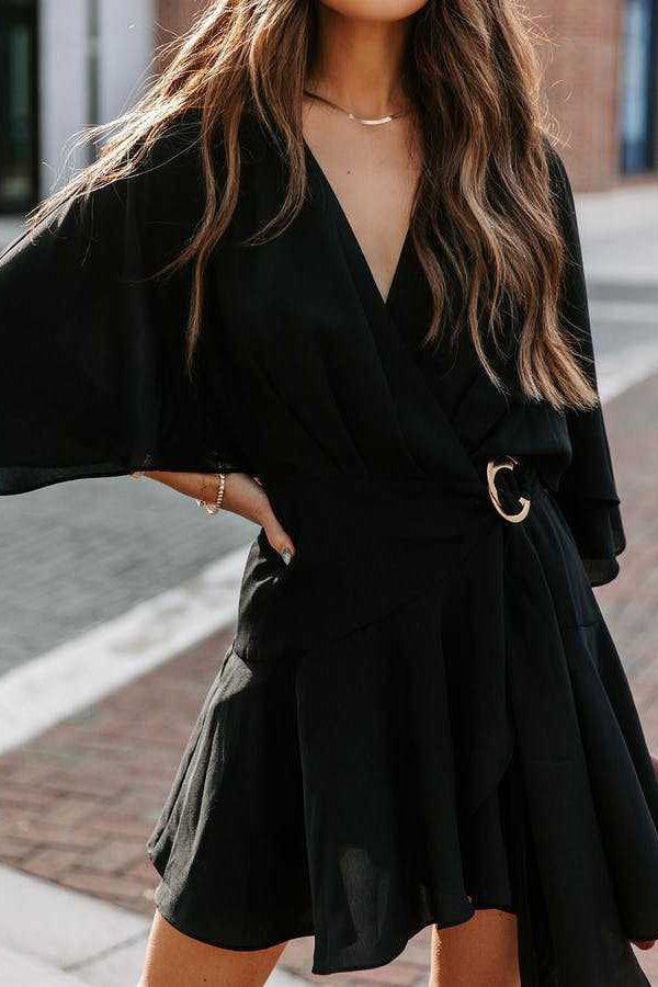 V-neck Ruffle Irregular Lace-up Dress