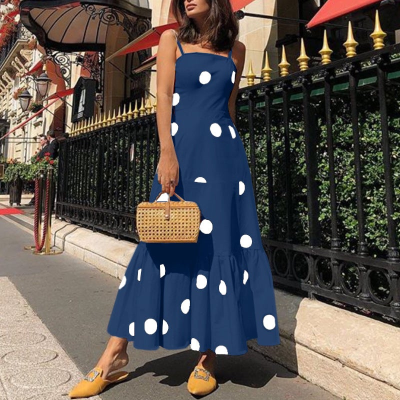 Hot Sale New Polka Dot Sling Fashion One-Line Neck Long Dress