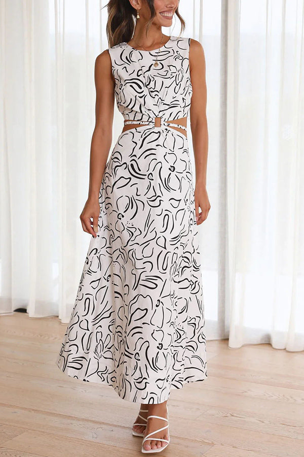 Gwen Abstract Print Cutout Elastic Waist Tie Maxi Dress