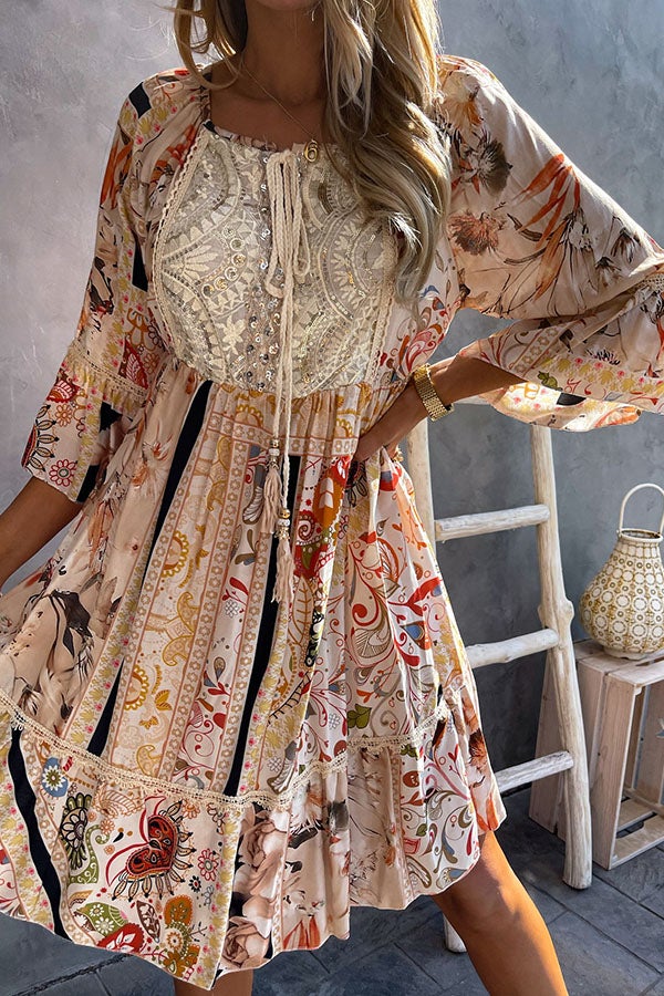 PRINTED SEQUIN SEVEN-PART SLEEVE DRESS