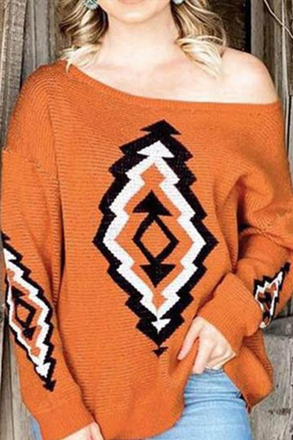 Round Neck Ethnic Pattern Cashmere Sweater