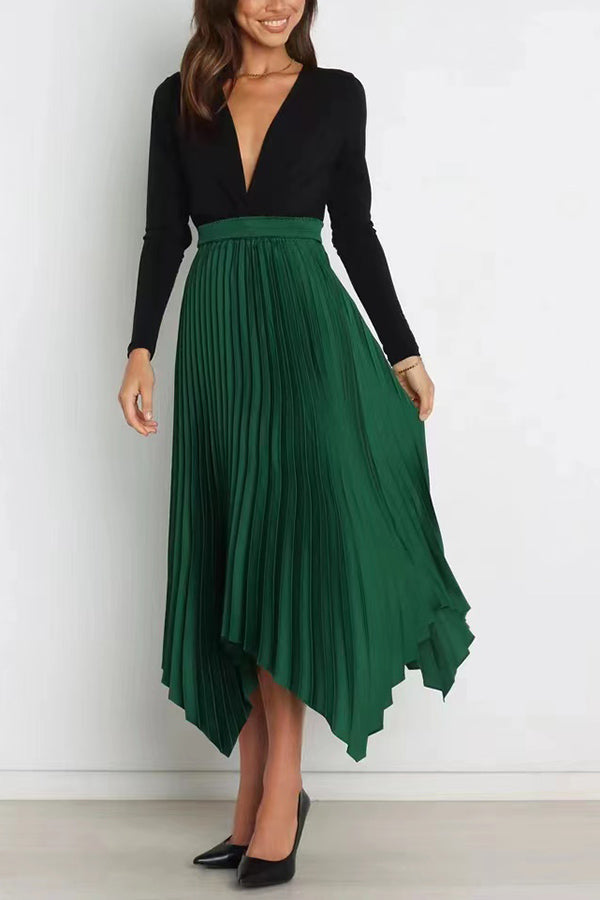 Yris Satin Pleated Elastic Waist Asymmetrical Hemline Midi Skirt