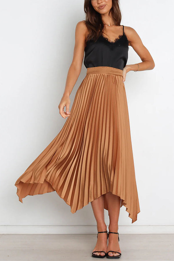 Yris Satin Pleated Elastic Waist Asymmetrical Hemline Midi Skirt