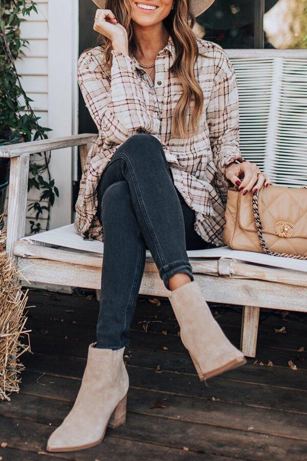 Plaid Shirt Collar Flare Sleeve Button Down Blouse