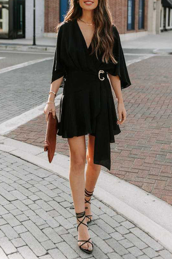 V-neck Ruffle Irregular Lace-up Dress