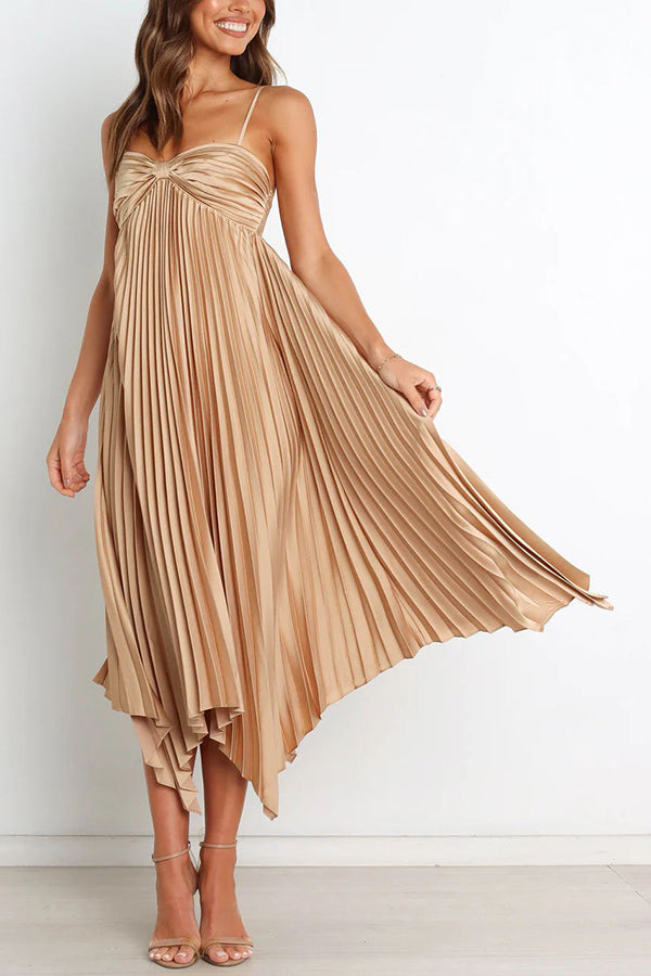 Kali Metallic Satin Asymmetrical Hemline Pleated A-line Midi Dress