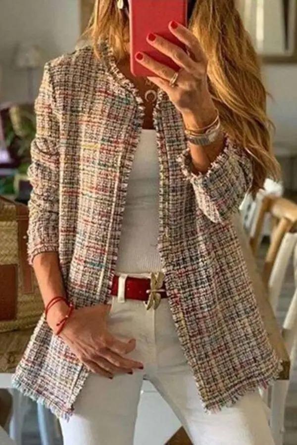 Long Sleeve Sweet Tweed Plaid Coat