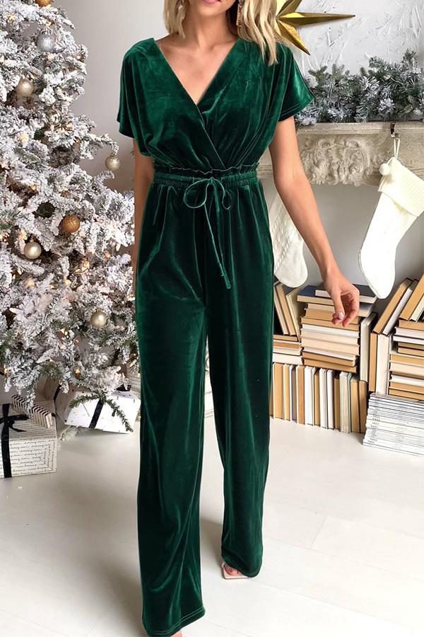 Roschic Casual V-neck Solid Gold Velvet Jumpsuit