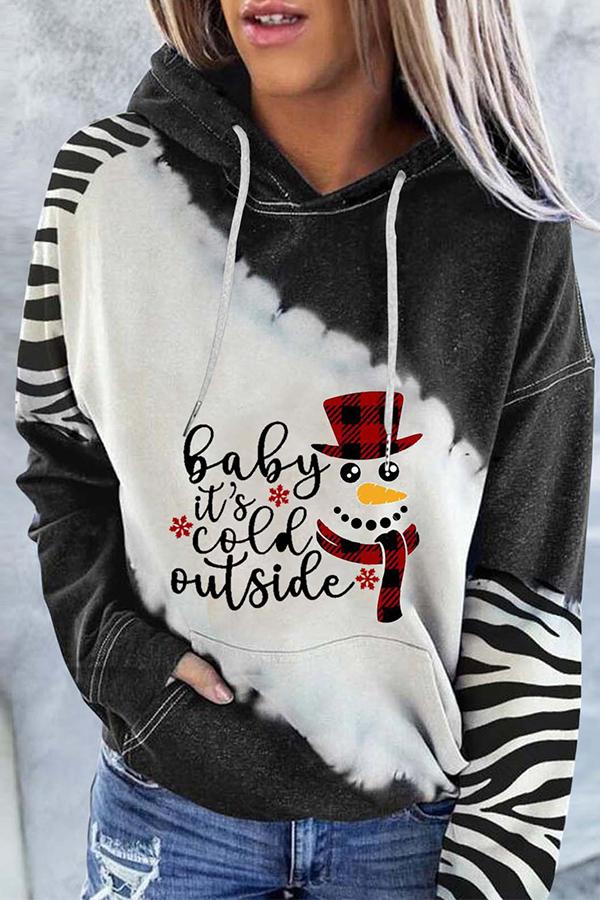 Santa Claus Print Color Block Hoodie  （Black）