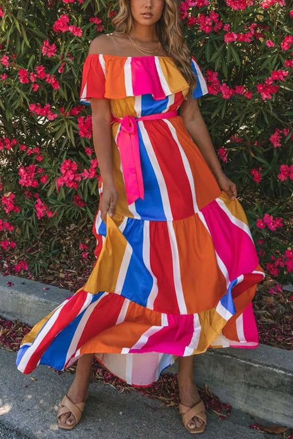 Sunkissed Rainbow Colorblock Off Shoulder Maxi Dress